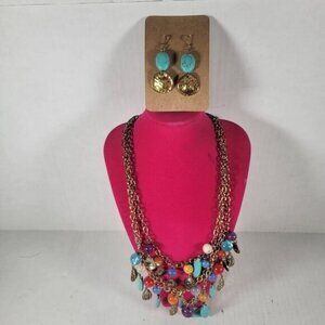 Teardrop Southwestern Festival Boho Faux Turquoise Charm Necklace & Earring Set